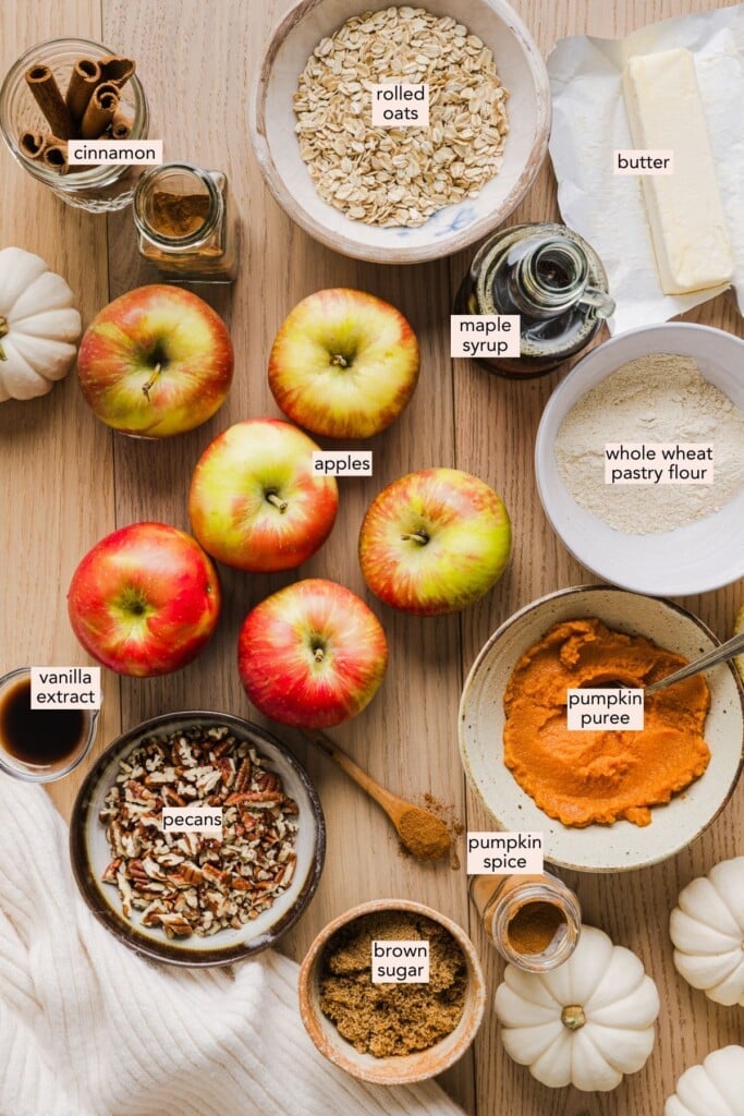 Apple pumpkin crisp ingredients on a countertop with labels.