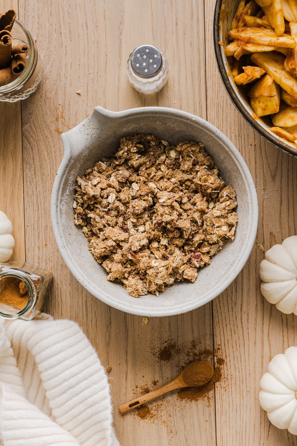 Apple pumpkin crisp topping in a small bowl.