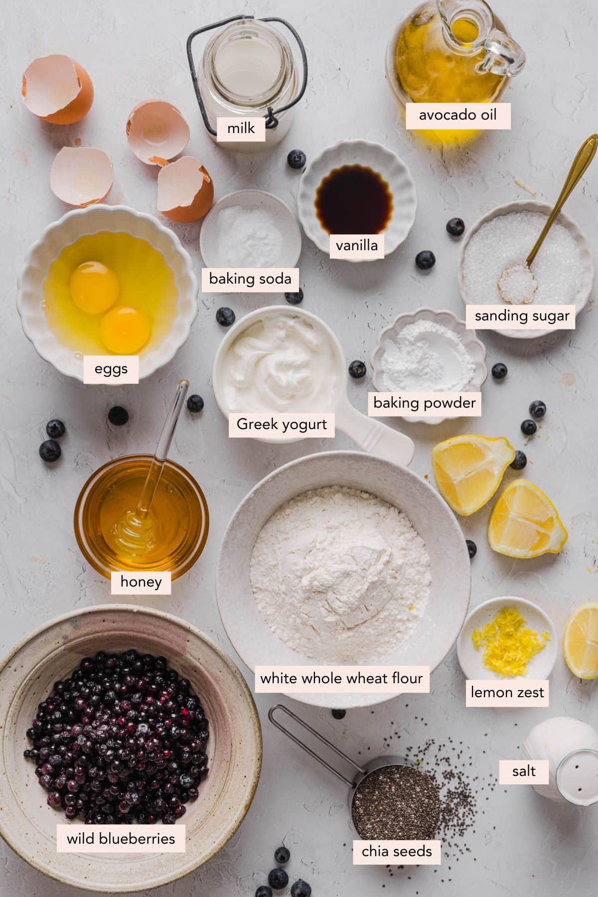 All of the ingredients for blueberry chia muffins in bowls on a white countertop.