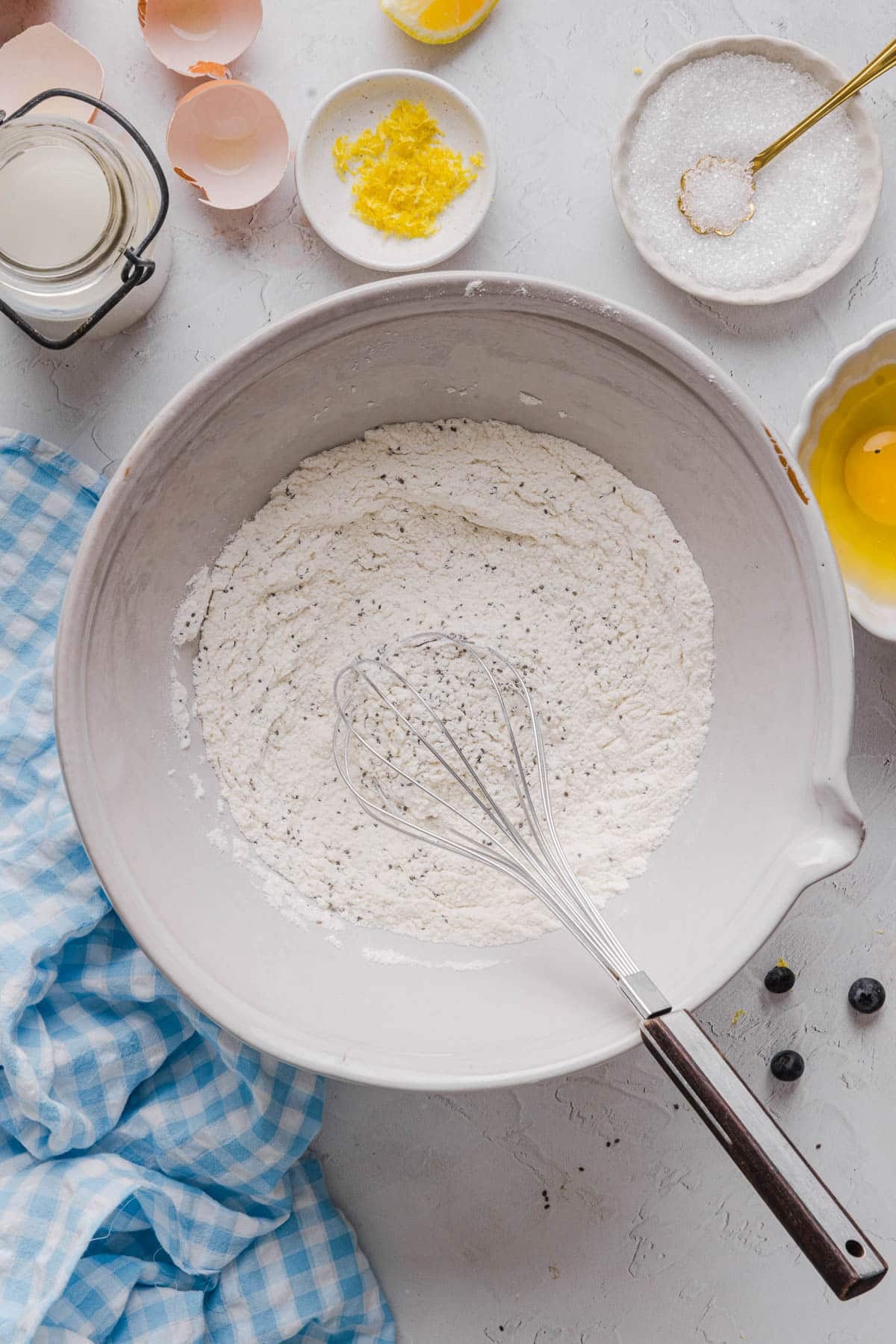 All of the dry ingredients whisked together in a bowl.