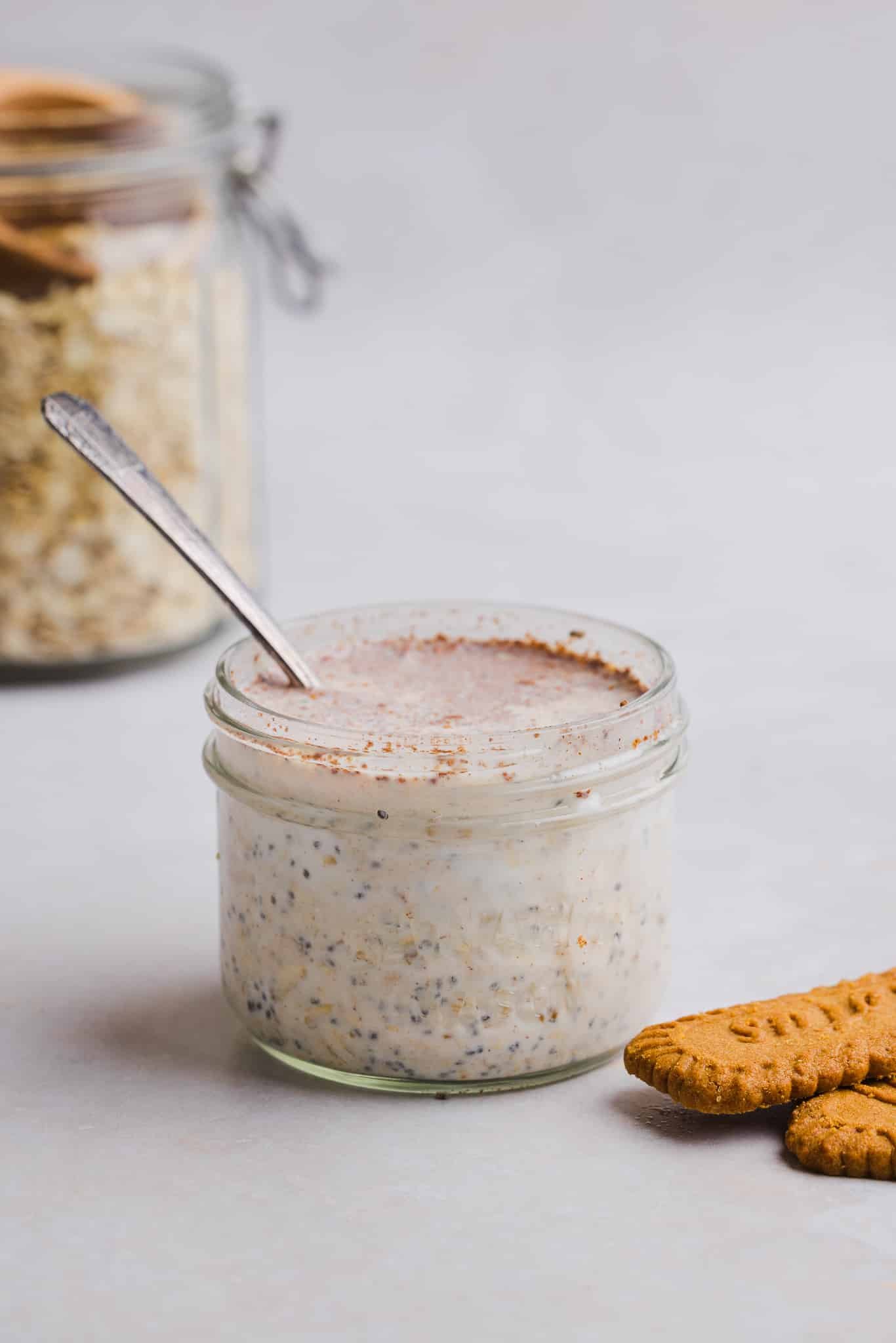 Biscoff overnight oats after setting in a jar in the fridge.