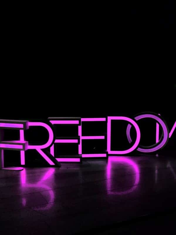 pink neon lights spelling out “freedom” in front of a black background