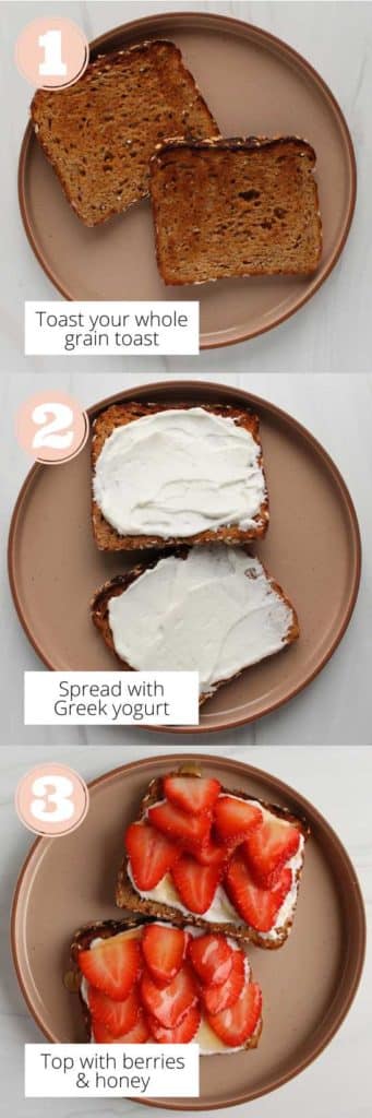 Three pictures outlining the three steps to making toast with strawberries. 1) Two slices of whole grain bread, toasted. 2) Toast spread with Greek yogurt. 3) 2 slices of whole grain toast topped with strawberries and honey.