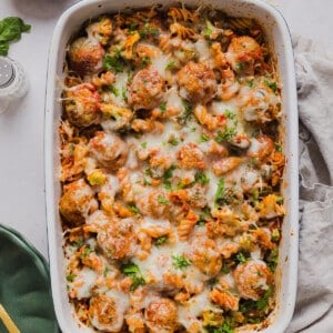 Dump and bake casserole with melted mozzarella on top.