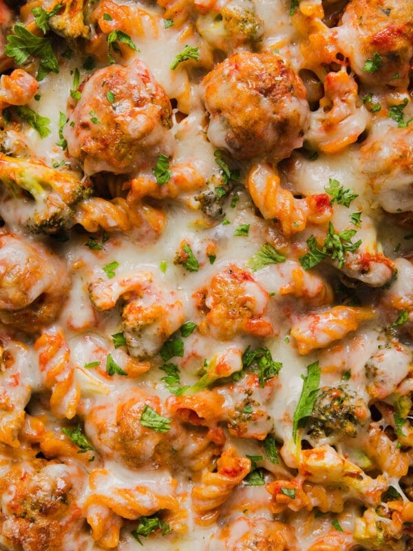 A close up shot of dump and bake meatball casserole.