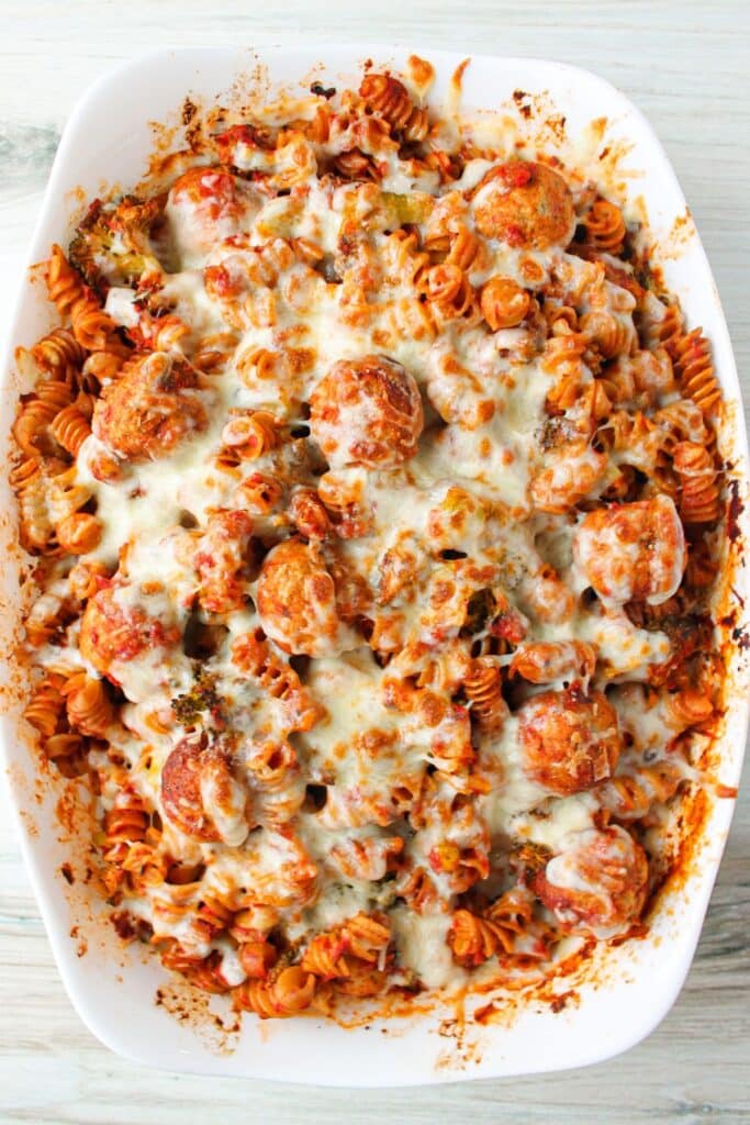 Dump and bake meatball casserole baked in a casserole dish.