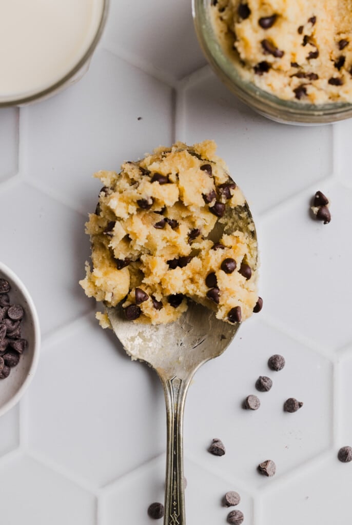 A close up shot of spoonful of cottage cheese cookie dough.