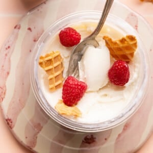 The Ninja Creami frozen yogurt in the creami container with pieces of ice cream cone and three raspberries.