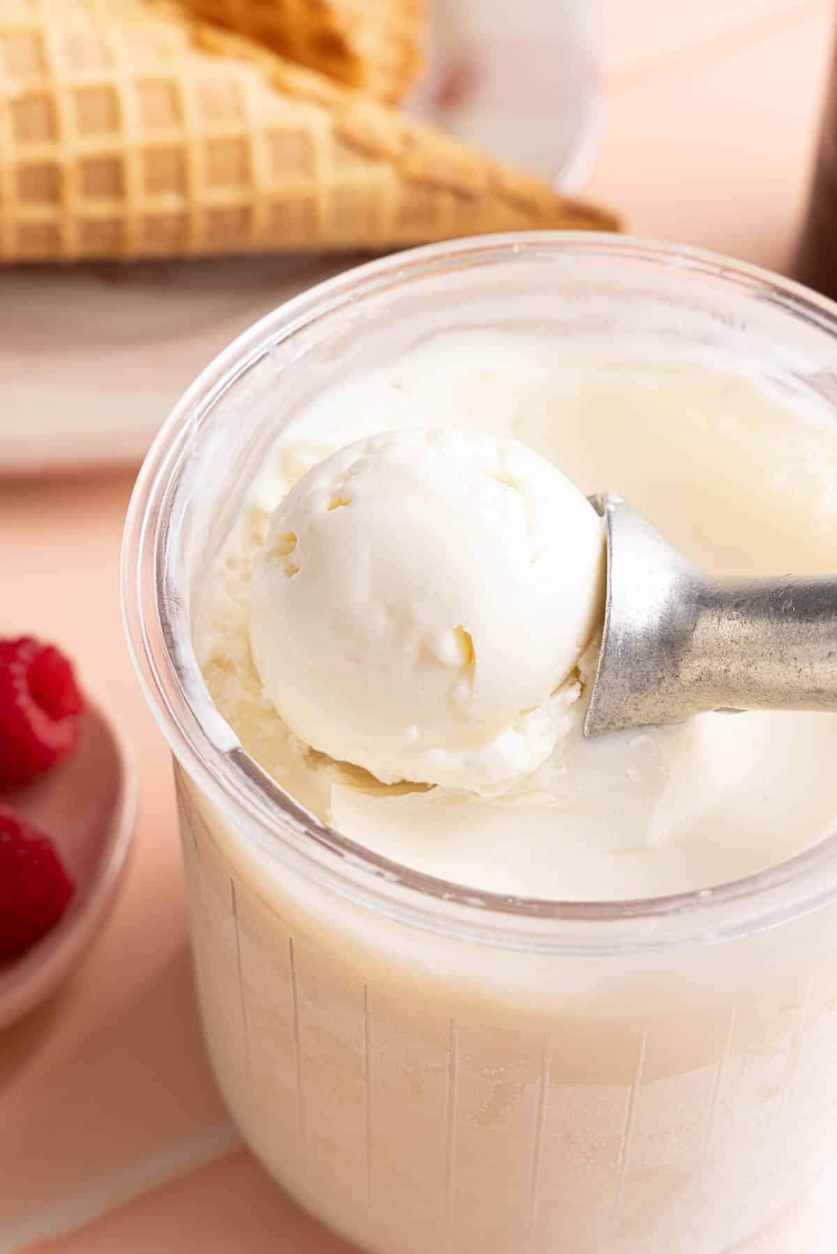 An ice cream scoop scoops the frozen yogurt ice cream from the container.