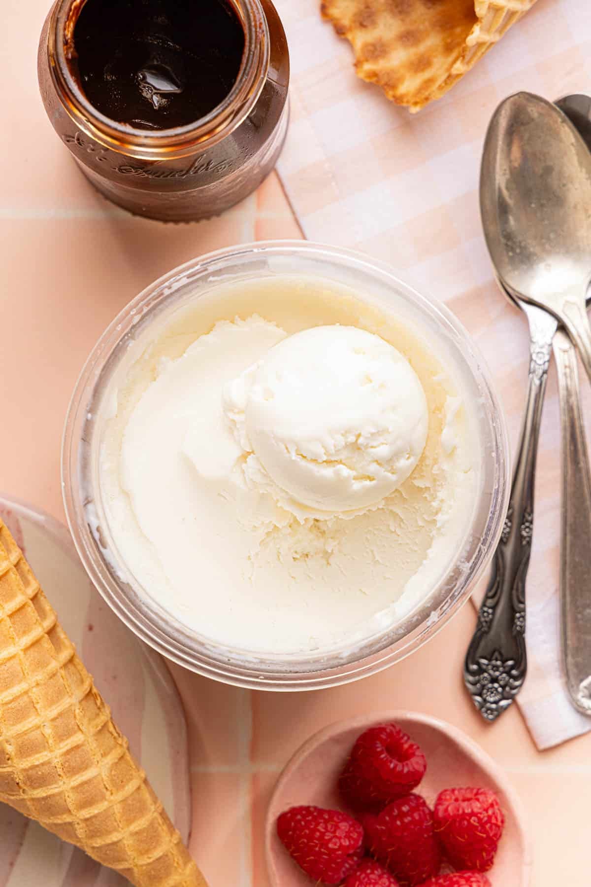 A scoop of frozen yogurt sits on top of the remaining container of frozen yogurt made in the ninja creami.
