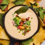 Cottage cheese quest garnished with cilantro, red onion and tomato with tortilla chips.
