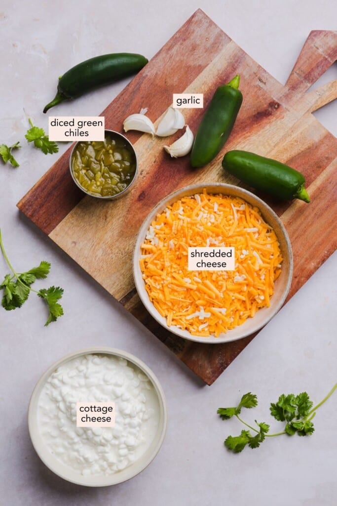 Ingredients for cottage cheese queso on a countertop with labels.