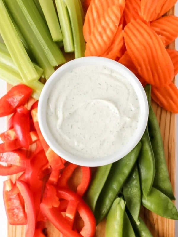 Cottage cheese ranch dip with raw veggies.