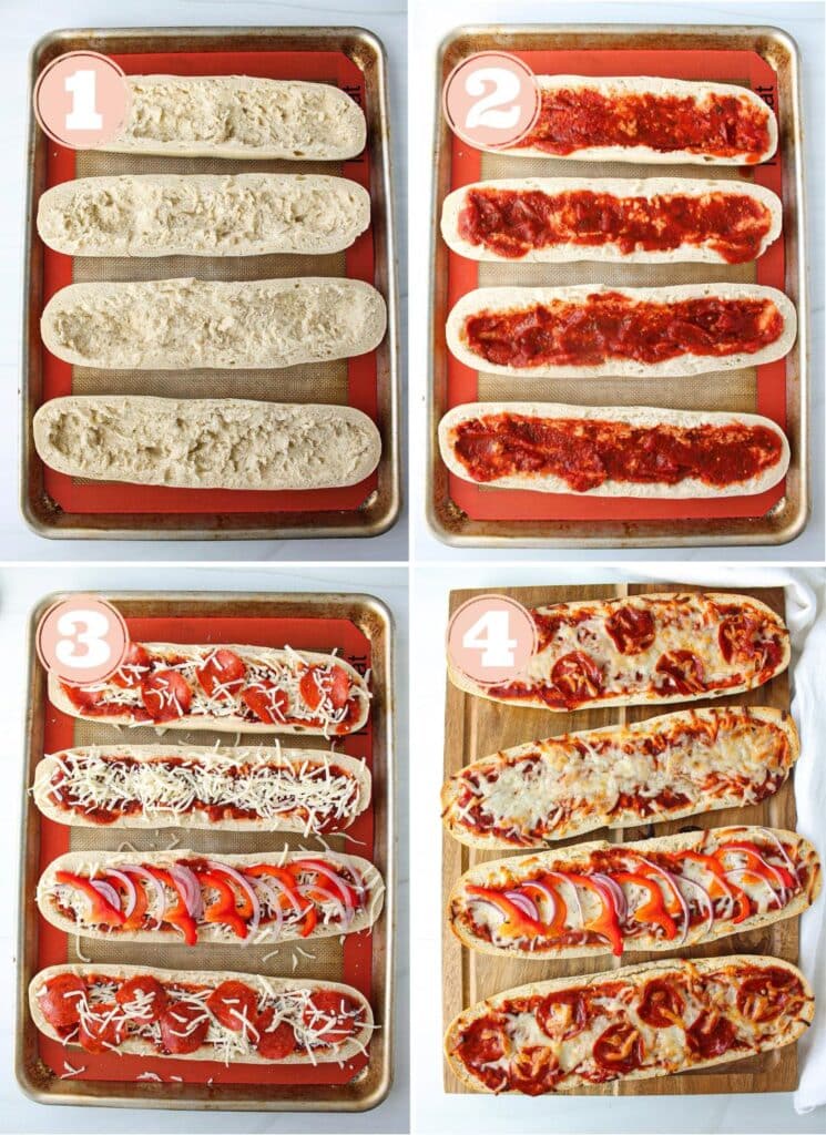 Four pictures in a grid depicting the four steps of making pizza boats: preparing the bread, adding sauce, adding toppings, and then the finished baked pizza boats.