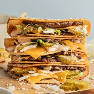 A stack of Big Mac tacos (smash burger tacos).