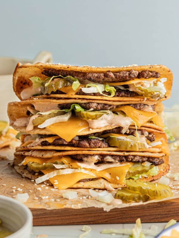 A stack of Big Mac tacos (smash burger tacos).