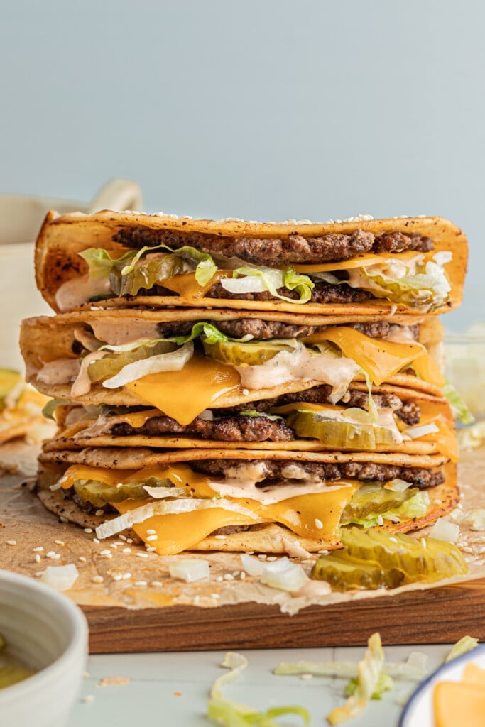 A stack of Big Mac tacos (smash burger tacos).