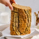 A stack of sliced banana chia bread on a plate.