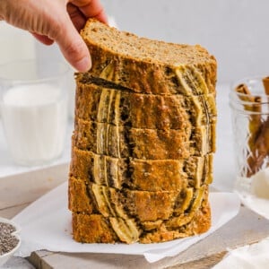 A stack of sliced banana chia bread on a plate.