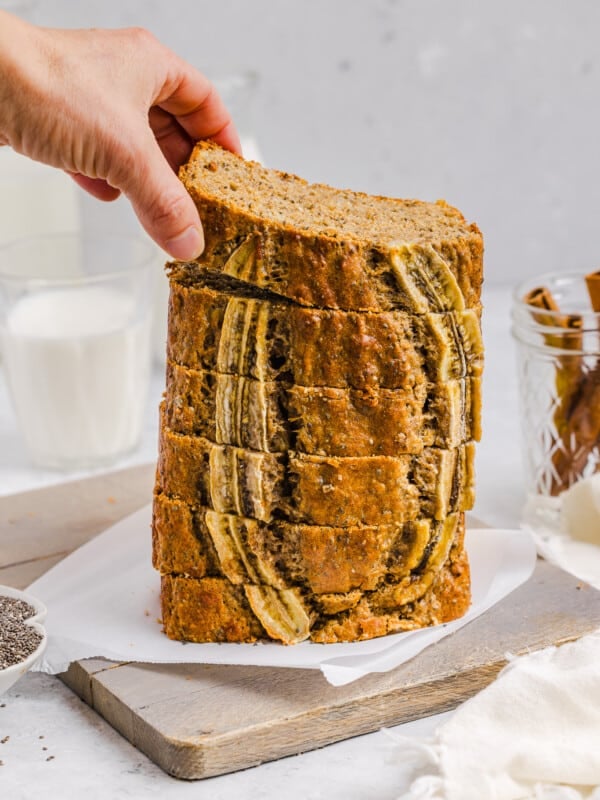 A stack of sliced banana chia bread on a plate.