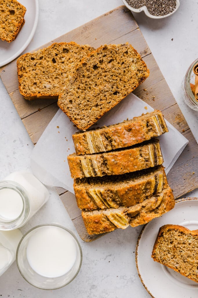Banana chia bread on a countertop sliced.