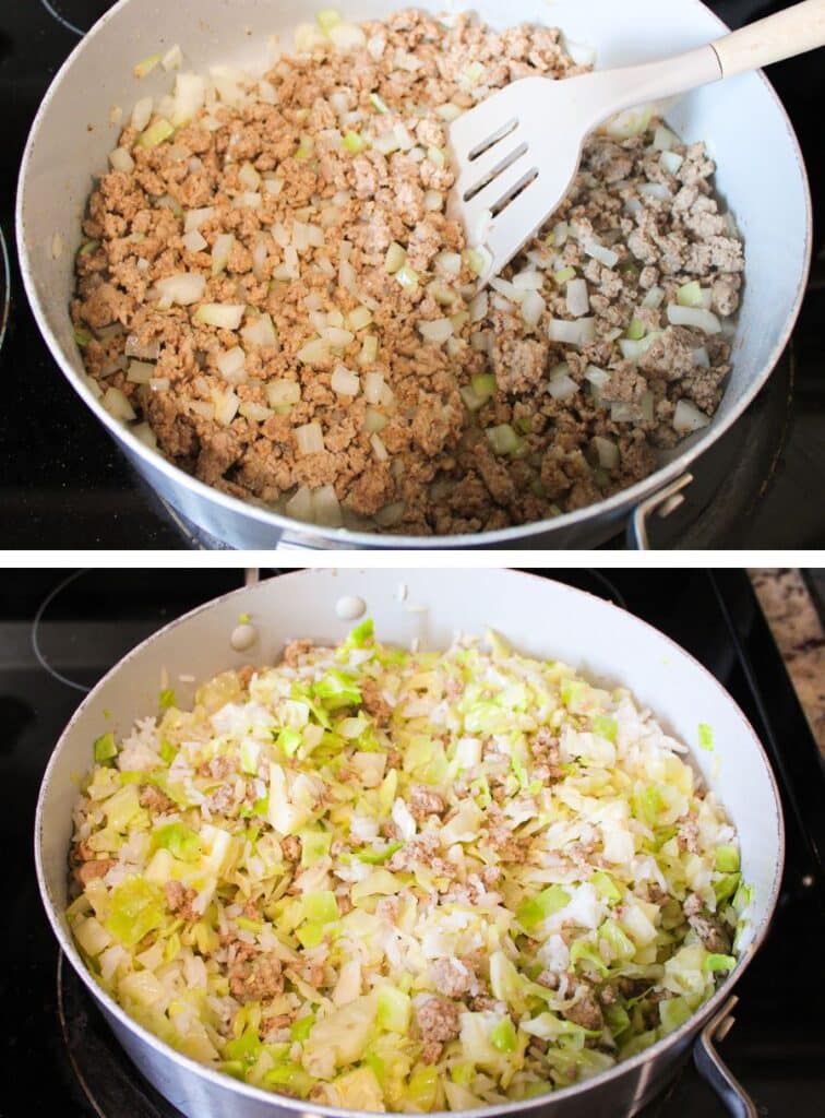 Two images showing ground turkey with onions, garlic and cabbage being sauteed in a skillet pan.