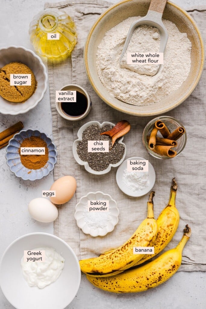 Banana chia bread ingredients on a countertop with labels.
