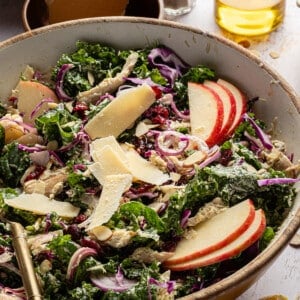 Kale chicken salad with sliced apples, parmesan cheese and a creamy dressing in a bowl.