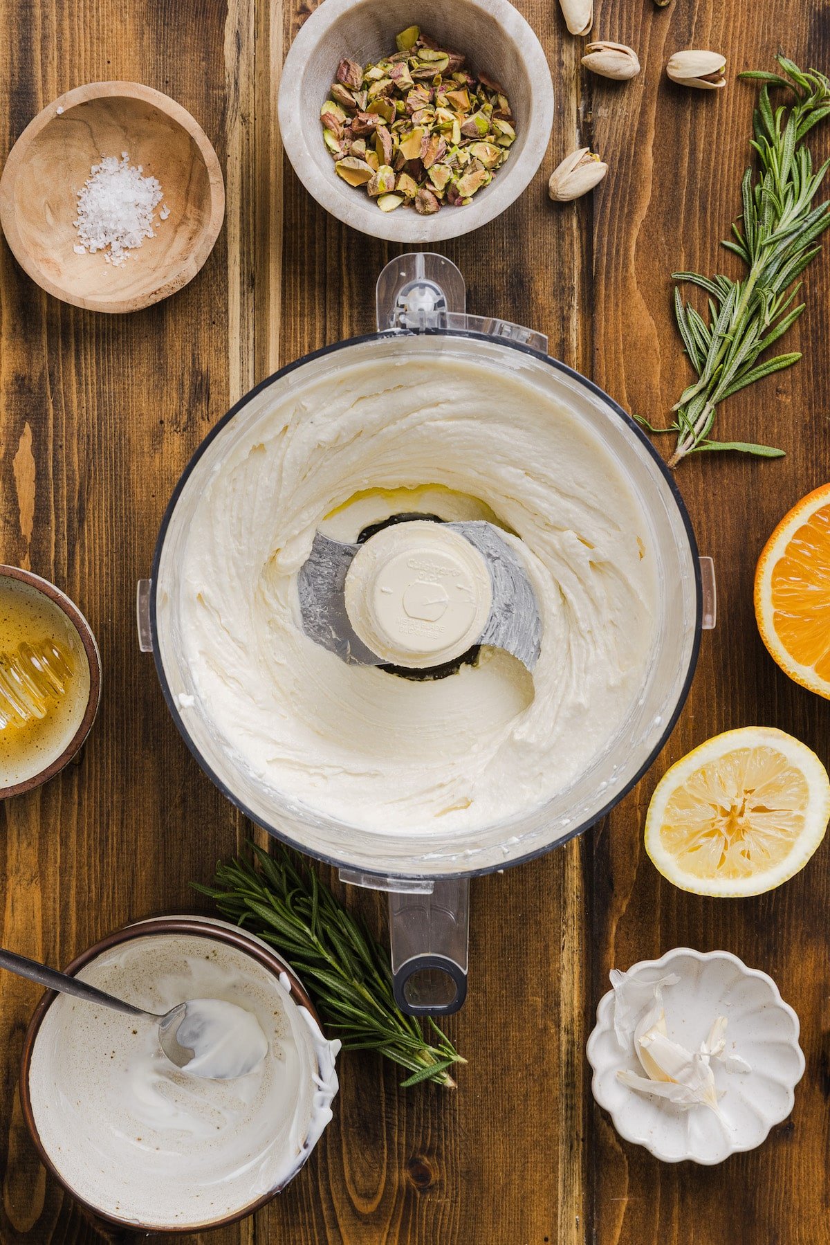 Whipped feta dip in a food processor.