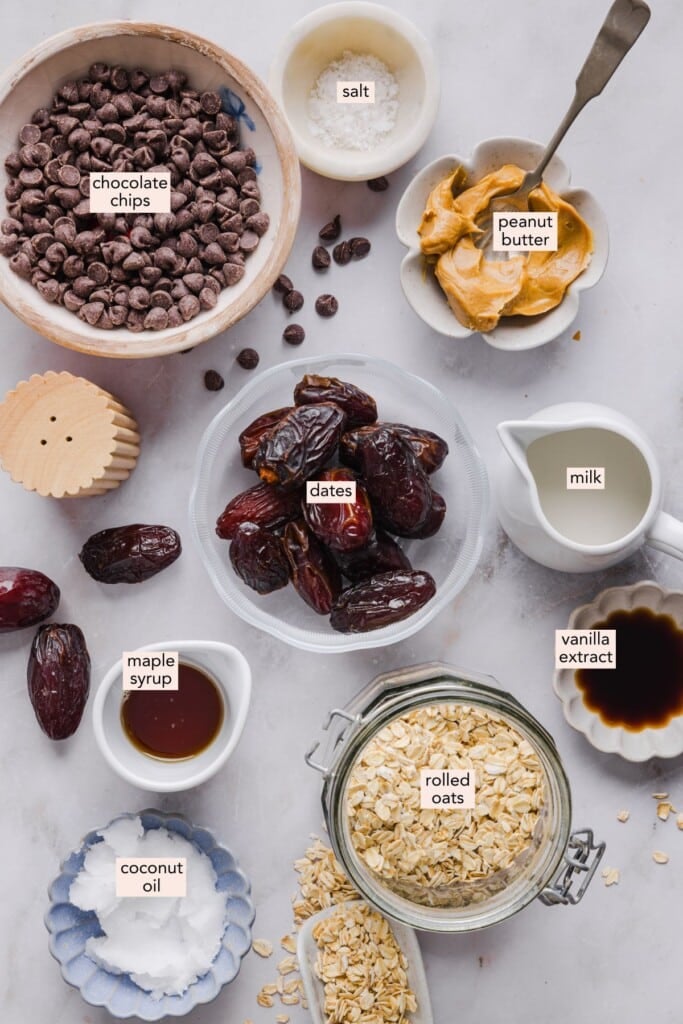 Ingredients for healthy twix bites on a countertop with labels.