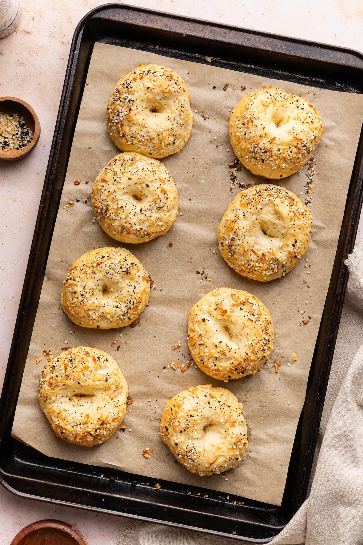 Cottage cheese bagels baked on a sheet pan.