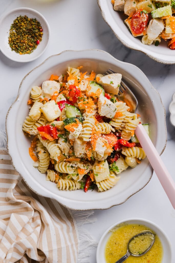 A bowl of high protein pasta salad. 