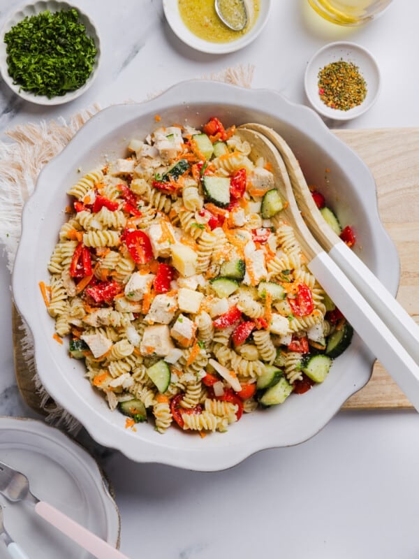 A large bowl full of high protein pasta salad.