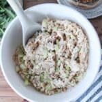 An overhead shot of 4-ingredient chicken salad in a cream bowl.