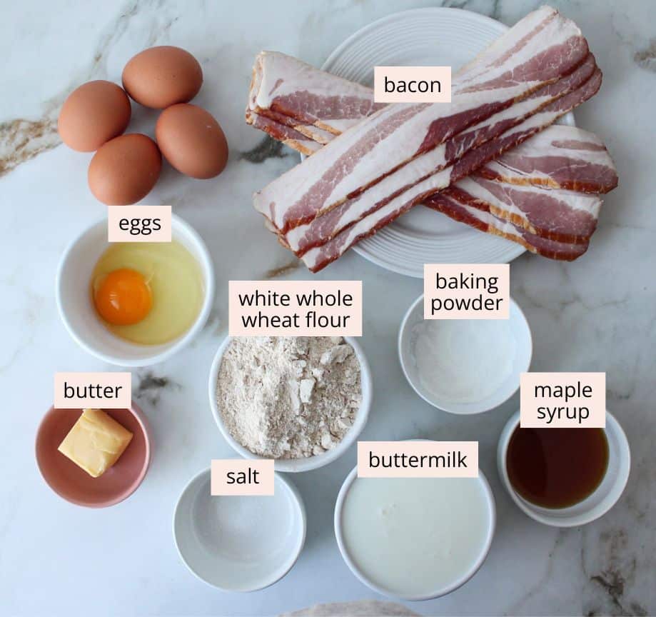 Ingredients for breakfast pancake tacos on a countertop.