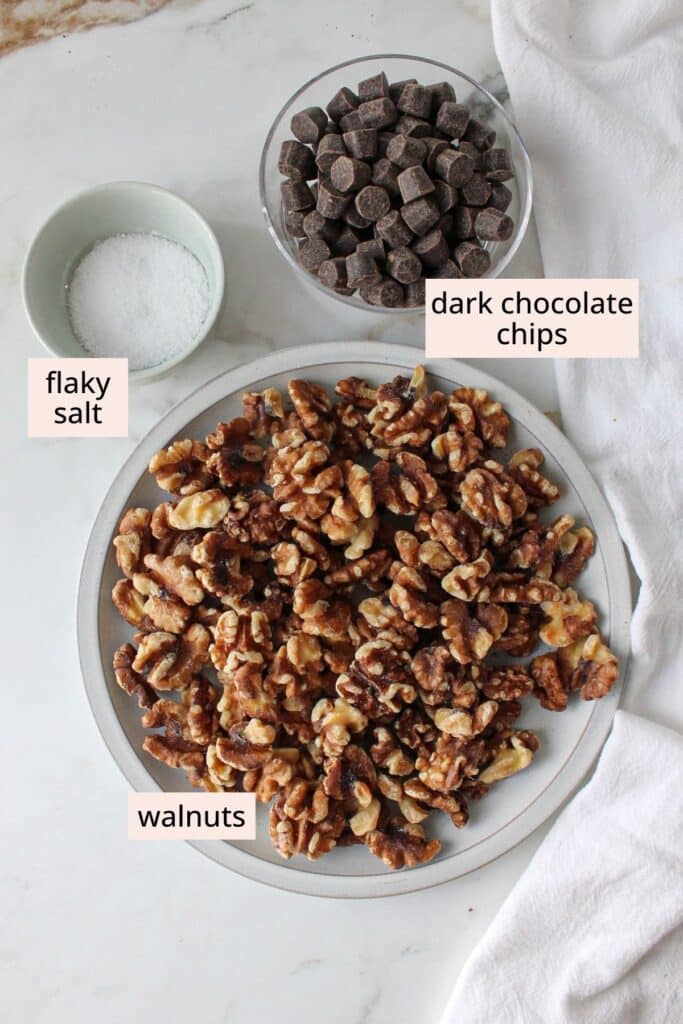 Walnuts, dark chocolate chips and flaky sea salt on a countertop with labels.