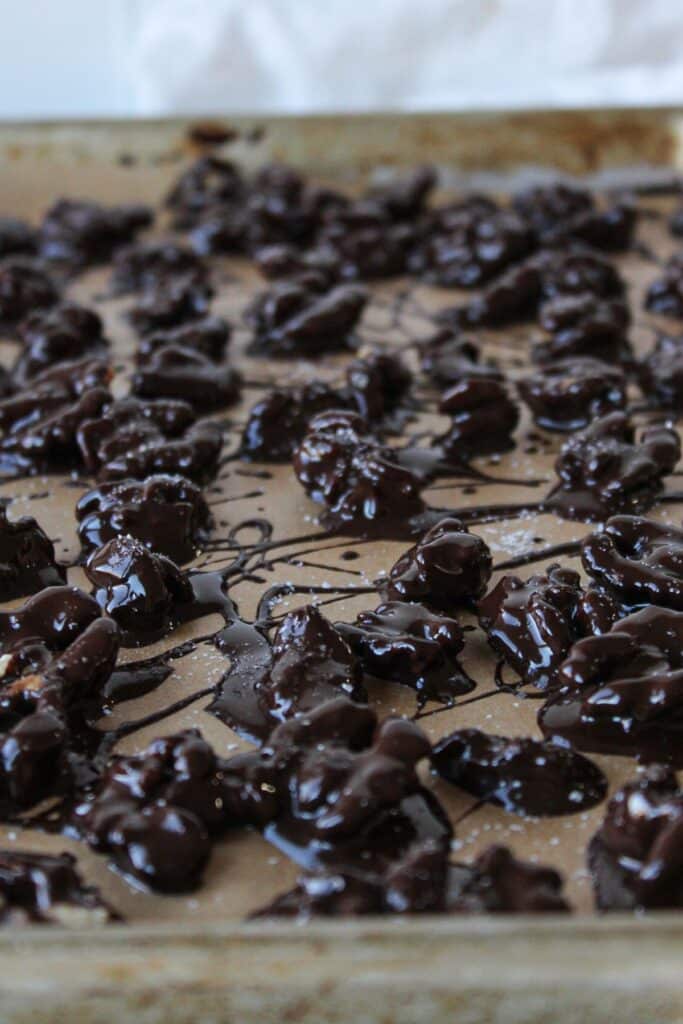 A close up shot of dark chocolate covered walnuts with flaky sea salt on top.