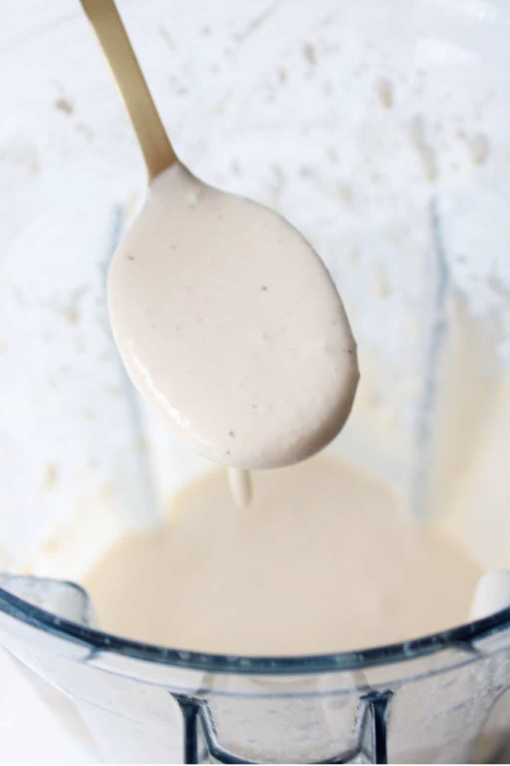 A close-up shot of a wooden spoon lifting a thick, creamy cottage cheese pasta sauce to demonstrate its smooth and rich consistency.