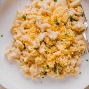 High protein macaroni and cheese served on a plate.