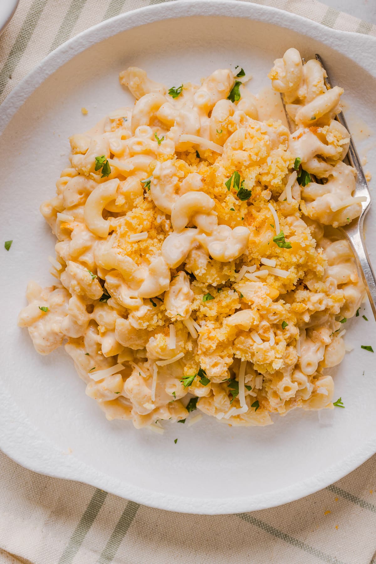 High protein macaroni and cheese served on a plate.