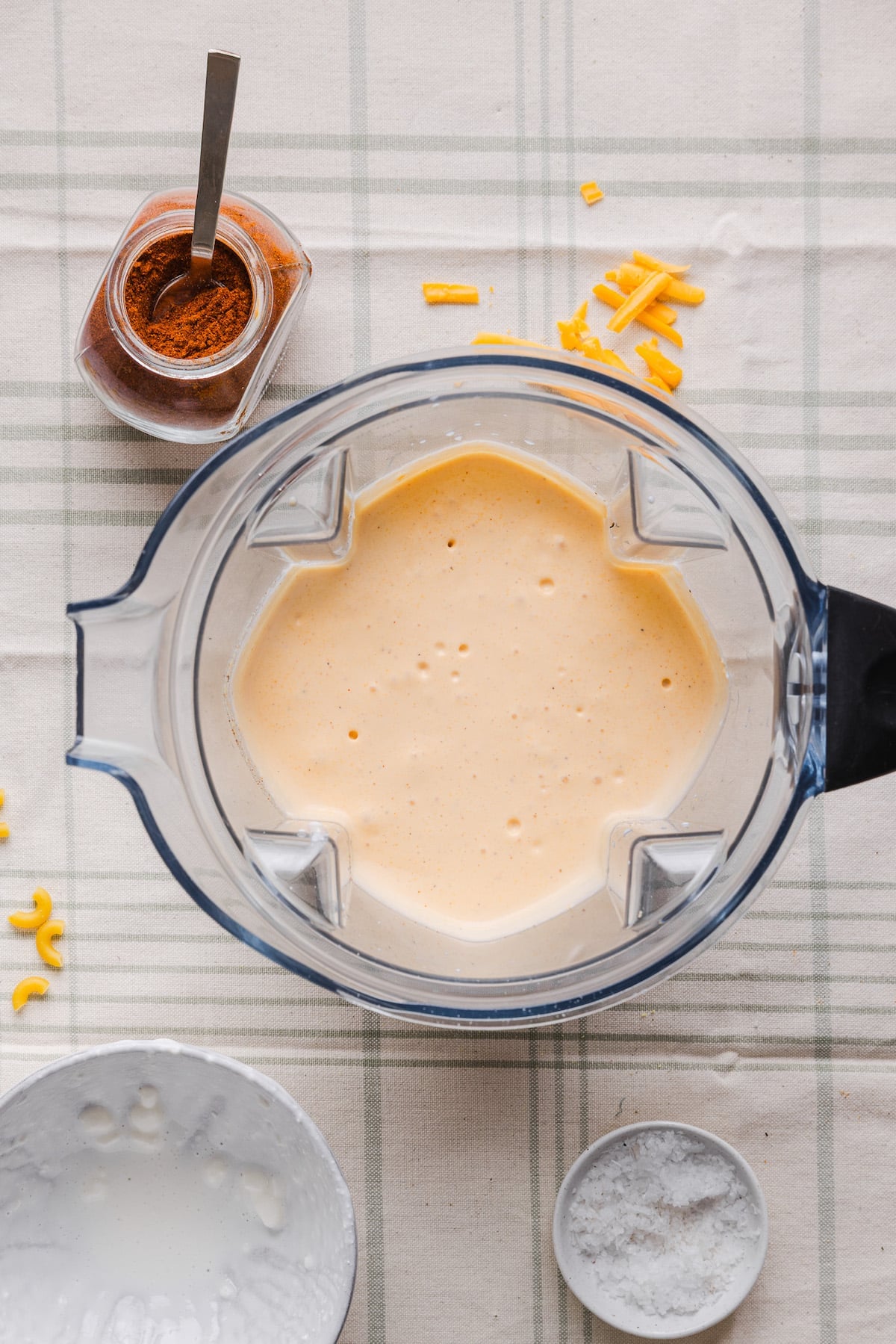 Blended high protein cheese sauce in a blender.
