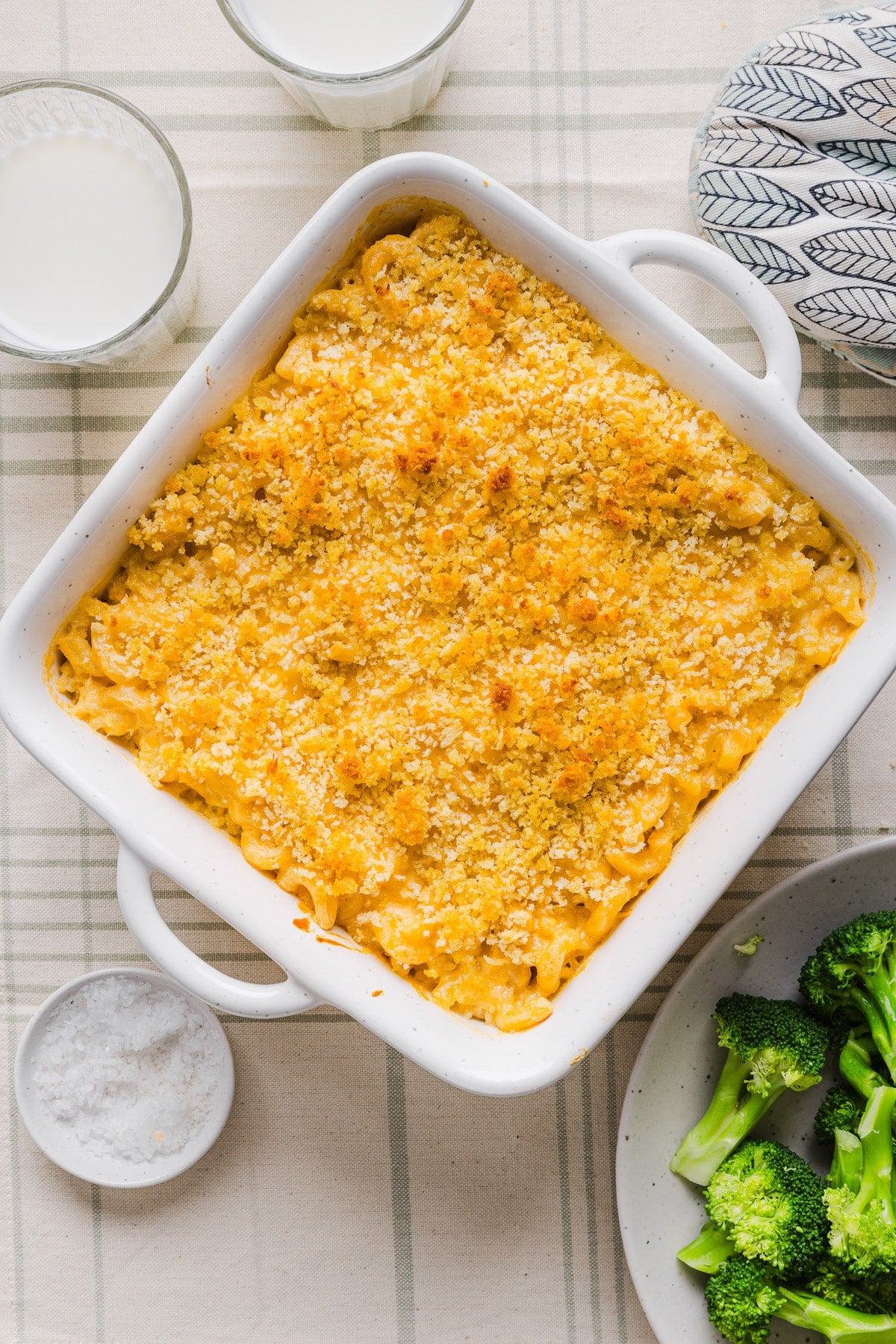 High protein Mac and cheese baked in a dish.