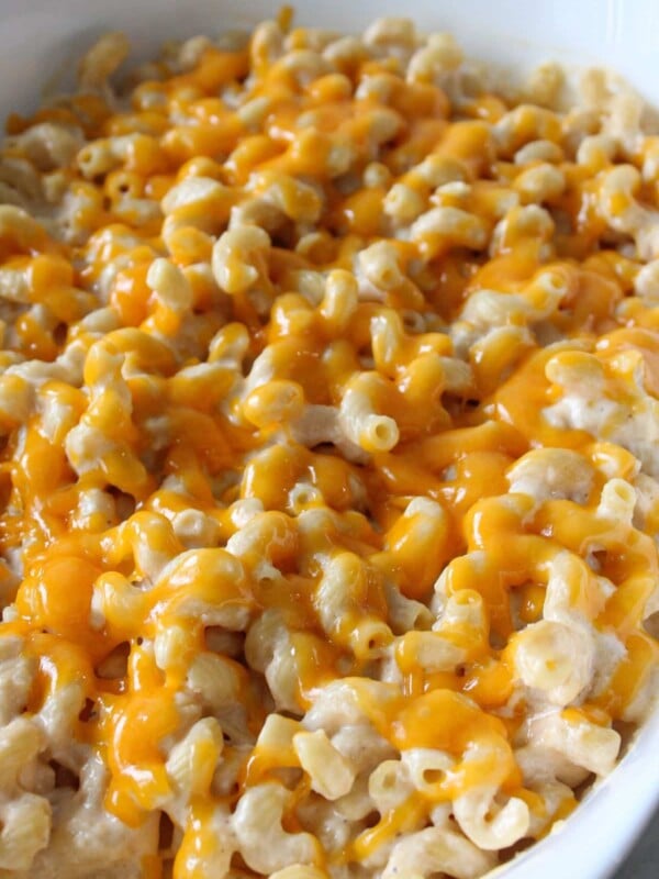 A close up shot of high protein mac and cheese in a casserole dish