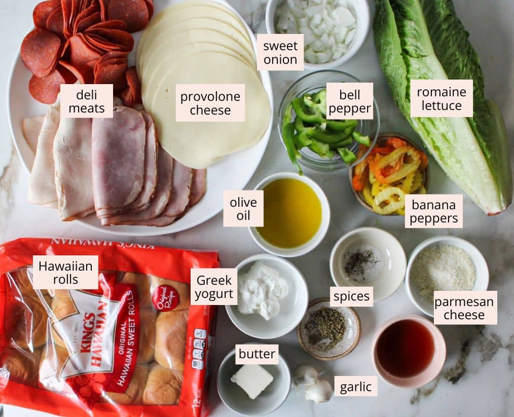 Ingredients for chopped italian sliders on a countertop with labels.