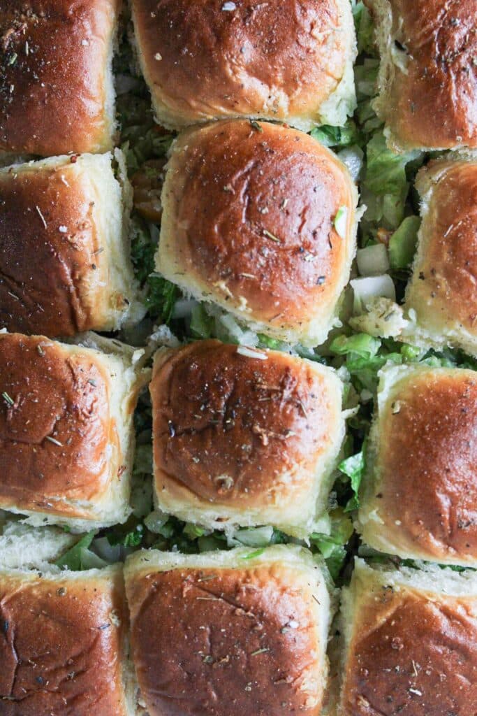 A close up shot of chopped italian sliders.