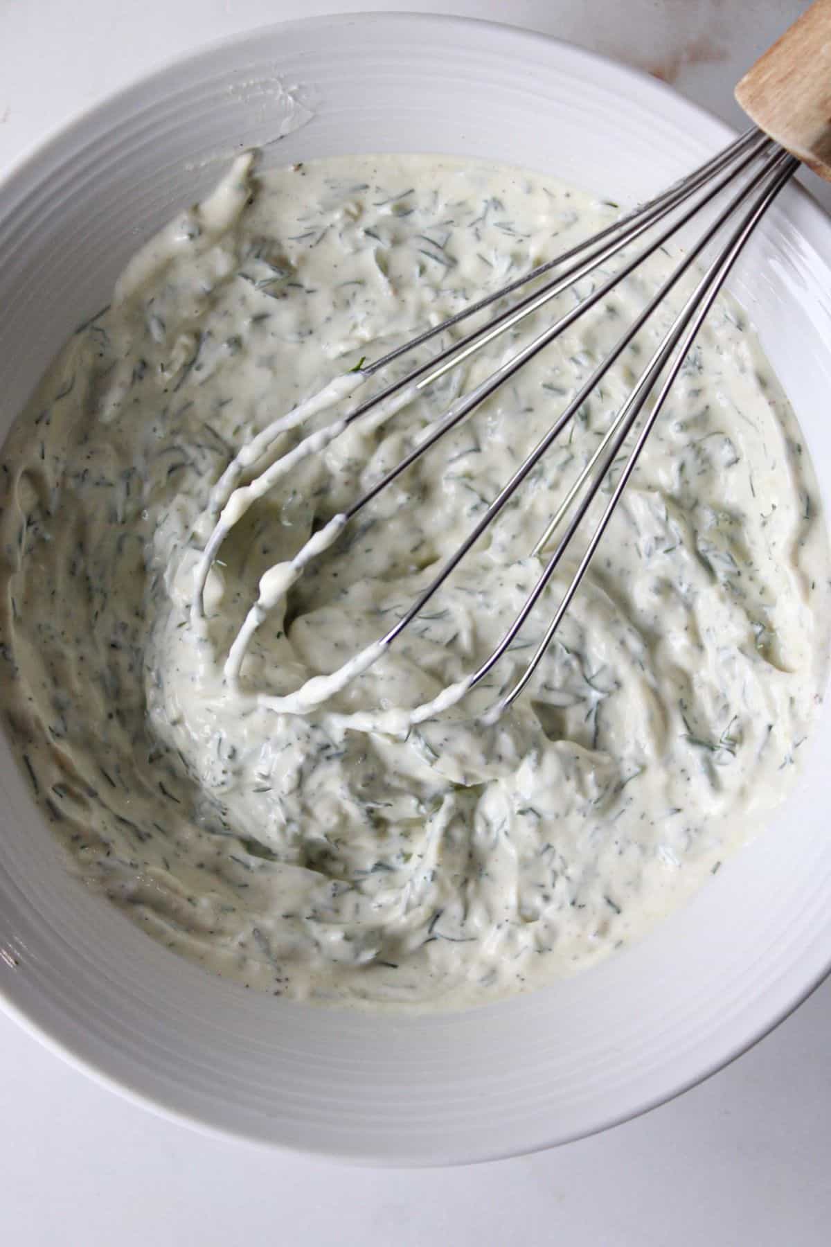 Creamy dill pickle potato salad dressing.