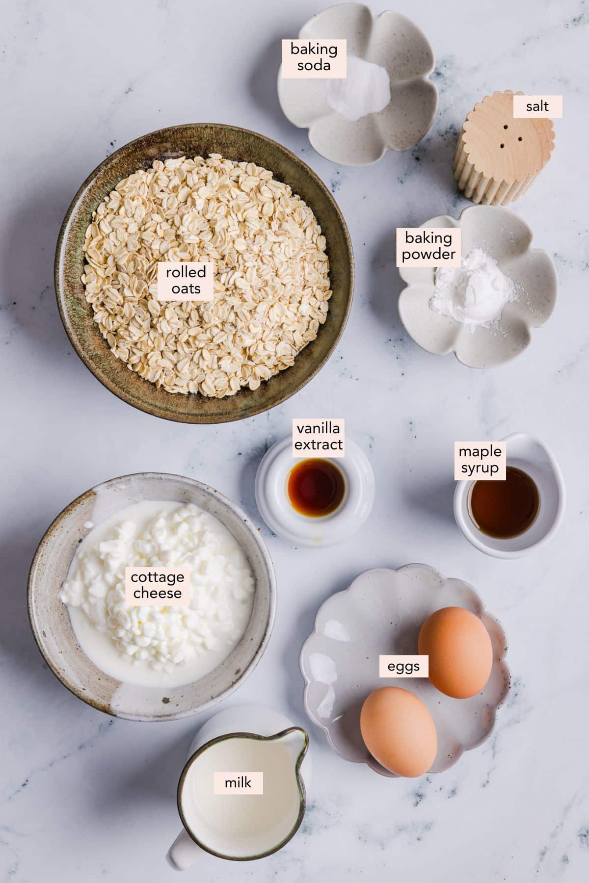 Oatmeal cottage cheese pancakes ingredients on a countertop with labels.