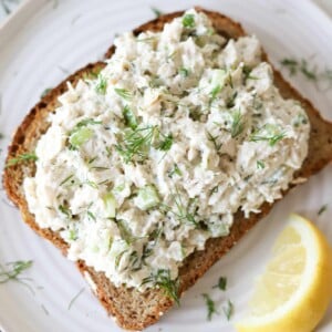 Cottage cheese chicken salad on toast garnished with dill.