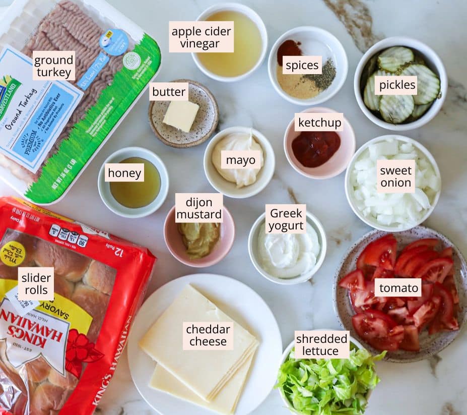 Ingredients for ground turkey sliders on a countertop with labels.