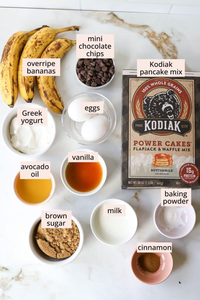 Kodiak banana bread ingredients on a countertop with labels